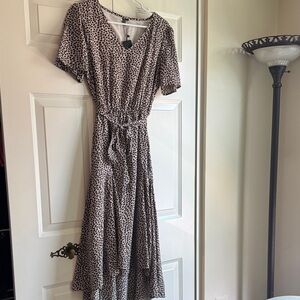 Beige and Black Leopard Print Tie Dress